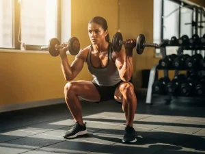 Persoon die een dumbbell squat uitvoert in moderne sportschool, spieren gespannen, zijdelings natuurlijk licht.
