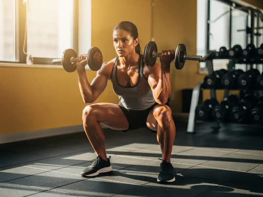 Persoon die een dumbbell squat uitvoert in moderne sportschool, spieren gespannen, zijdelings natuurlijk licht.