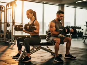 Man en vrouw trainen samen met dumbbells op bankjes in een moderne gym met warm natuurlijk licht.