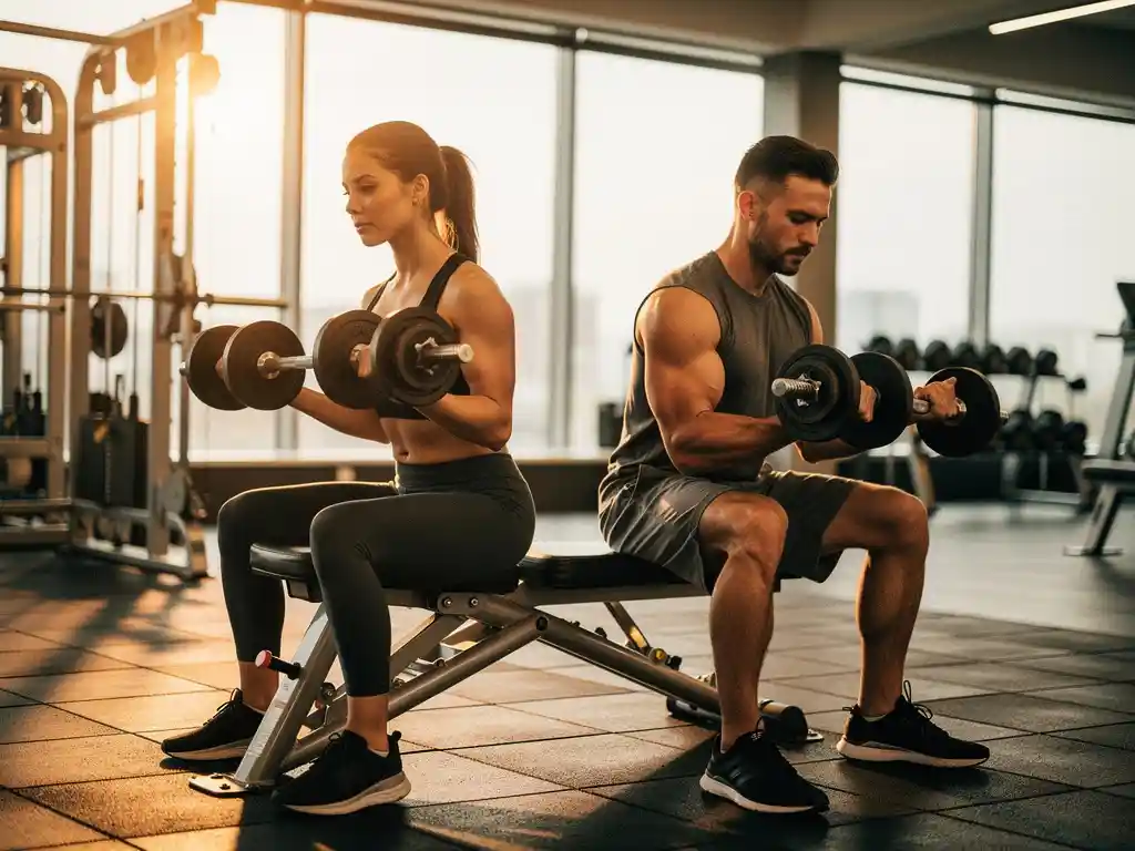 Man en vrouw trainen samen met dumbbells op bankjes in een moderne gym met warm natuurlijk licht.