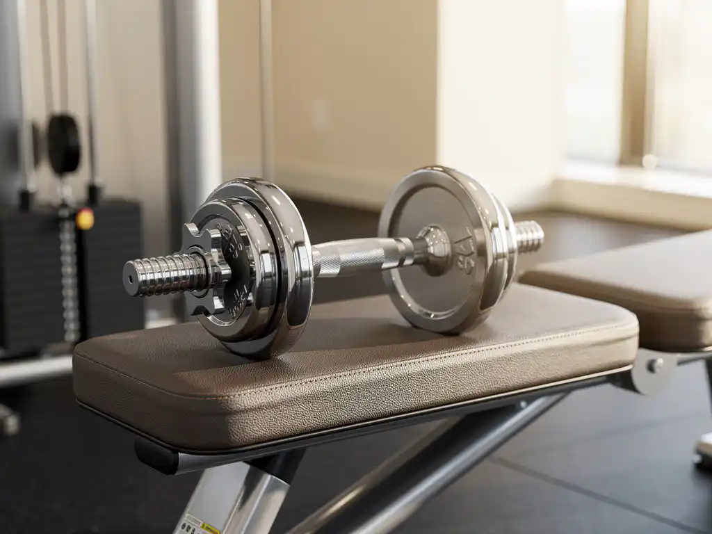Chromen dumbbells op een gecapitonneerde bank naast een kabelweerstandsmachine in een moderne sportschool met warm natuurlijk licht.
