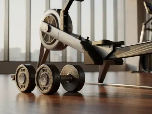 IJzeren dumbbells op houten gymvloer naast een roeiergometer in warm ochtendlicht, met zachte reflecties op het metaaloppervlak.