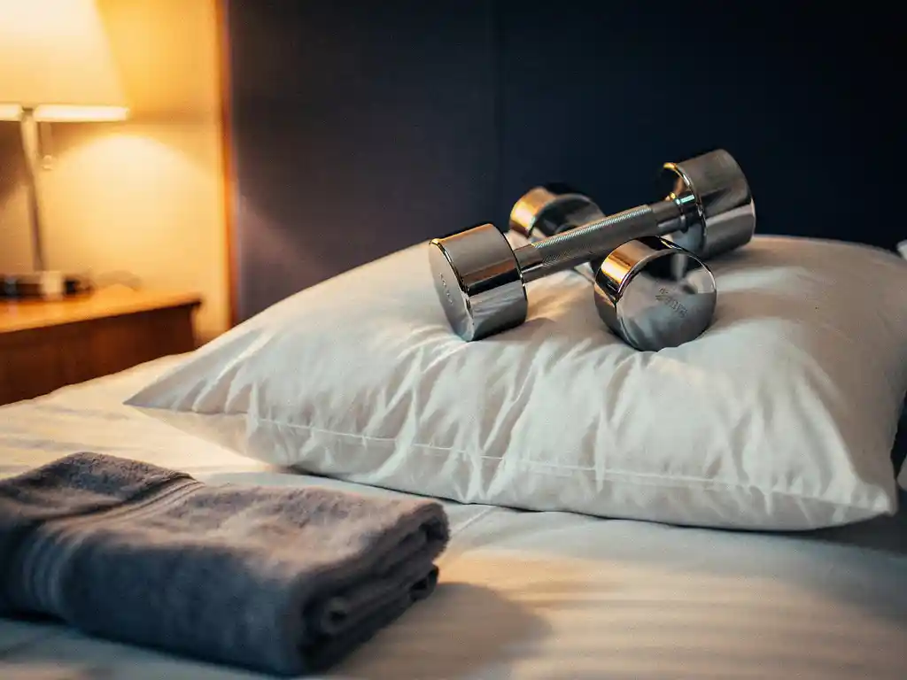 Dumbbells op een wit kussen naast een opgemaakt bed met gouden lamplight en een handdoek, rustgevende slaapkamer na krachttraining.