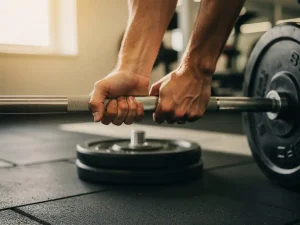 Gespierde onderarmen die een halter vasthouden in moderne sportschool, gewichtsschijven op rubbermat, warm natuurlijk licht.