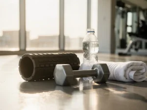 Schuimroller en koude waterfles naast een dumbbell op een gymvloer, met een witte handdoek en zacht ochtendlicht.