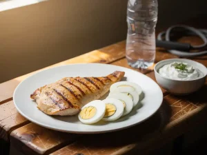 Gegrilde kipfilet en hardgekookte eieren op wit bord met Griekse yoghurt, op houten gymbank met waterfl es op achtergrond.