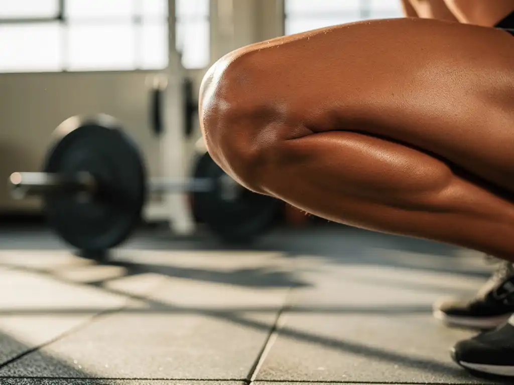 Gezonde knie in squat-positie op gymvloer, onscherpe halter op achtergrond, natuurlijk licht in sportschool.