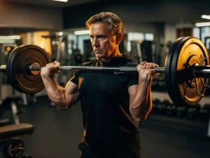 Gefocuste volwassene grijpt een halter tijdens een zware krachttraining in een moderne sportschool, verlicht door warm zijlicht.