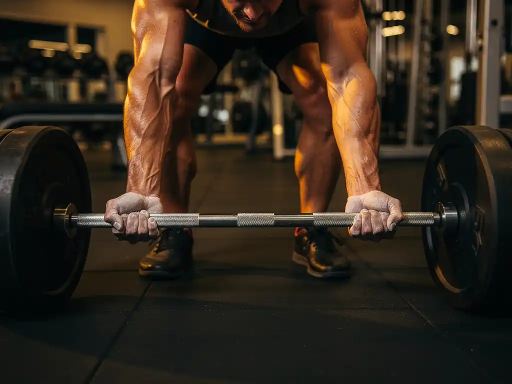 Gespierde onderarmen die een geladen barbell vasthouden tijdens een lift in een moderne, goed verlichte sportschool.