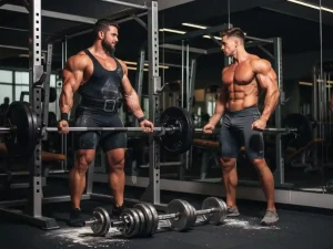 Powerlifter met zwaar beladen barbell naast gespierde bodybuilder die post voor gymspiegelwand, moderne gewichtsruimte.