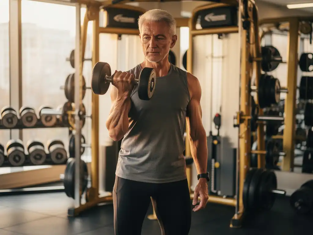 Fit persoon boven de 50 voert een gecontroleerde dumbbell curl uit bij een modern gewichtenrek in de sportschool.
