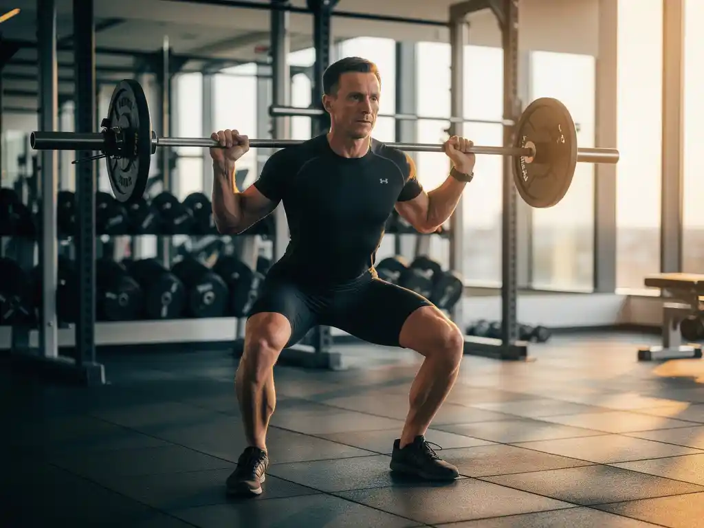 Duursporter voert gecontroleerde barbell squat uit in modern gym met natuurlijk licht en vrije gewichten op achtergrond.