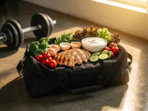 Eiwitrijke voeding met kipfilet, eieren, Griekse yoghurt en groenten op een sporttas naast dumbbells op betonnen vloer.