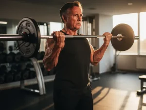 Middelbare persoon tilt een barbell in een moderne sportschool, gespierde armen glinsterend van het zweet in warm goudkleurig licht.