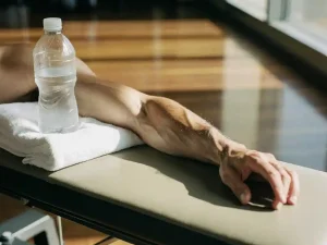 Gespierde onderarm rustend op een gymbank naast een waterfles en handdoek, zacht natuurlijk licht met lange schaduwen.