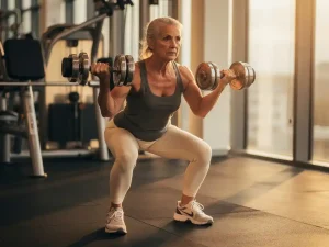 Oudere vrouw voert een dumbbell squat uit in moderne sportschool, zilverkleurige gewichten in handen, zelfverzekerde houding, warm goudkleurig licht.