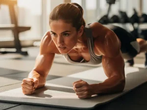 Atleet voert een plank uit op gymmat met zichtbaar aangespannen core, warm zijlicht en moderne fitnessruimte op de achtergrond.