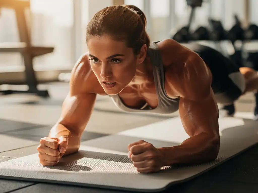 Atleet voert een plank uit op gymmat met zichtbaar aangespannen core, warm zijlicht en moderne fitnessruimte op de achtergrond.