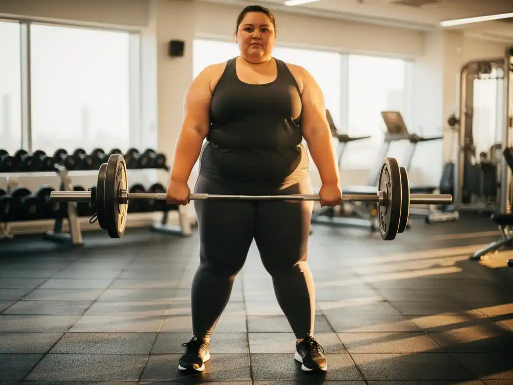 Plus-size persoon grijpt zelfverzekerd een halter in een moderne gewichtsruimte met warm natuurlijk licht.