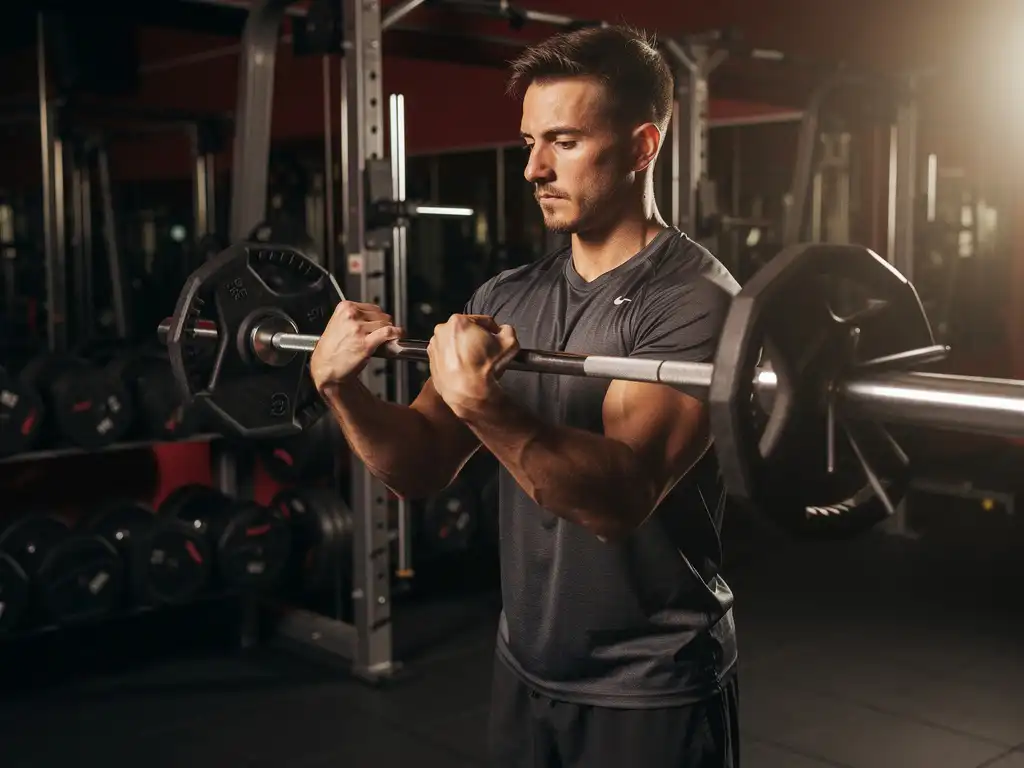 Atleet met onjuiste polsuitlijning bij het optillen van een barbell in een moderne sportschool.