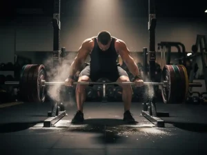Powerlifter grijpt zwaar beladen halter op rek, krijtstof opstijgend van gespannen handen, dramatische lage camerahoek.