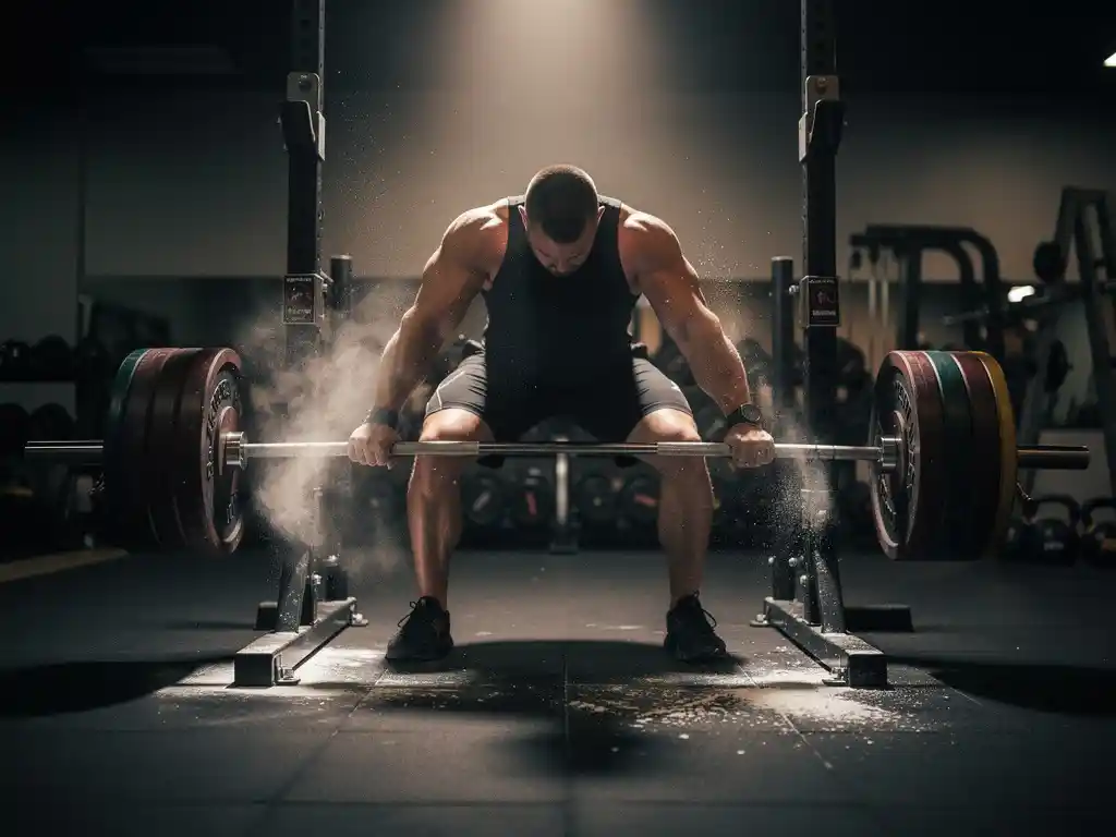 Powerlifter grijpt zwaar beladen halter op rek, krijtstof opstijgend van gespannen handen, dramatische lage camerahoek.
