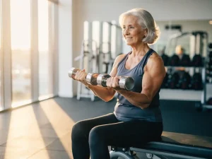 Oudere vrouw traint met dumbbells op een bank in een lichte, moderne sportschool, met een ontspannen en zelfverzekerde houding.