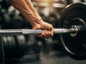Gespierde arm die een zware halter vastgrijpt tijdens een lift in een goed uitgeruste sportschool, krijtpoeder in warm licht.