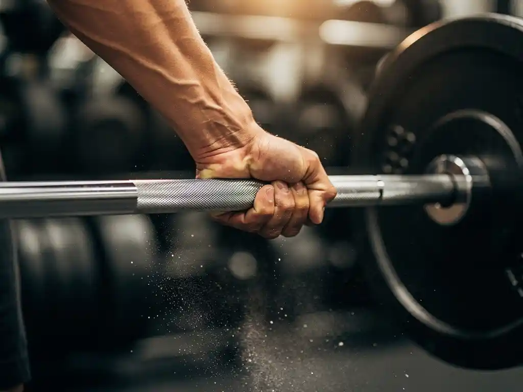 Gespierde arm die een zware halter vastgrijpt tijdens een lift in een goed uitgeruste sportschool, krijtpoeder in warm licht.