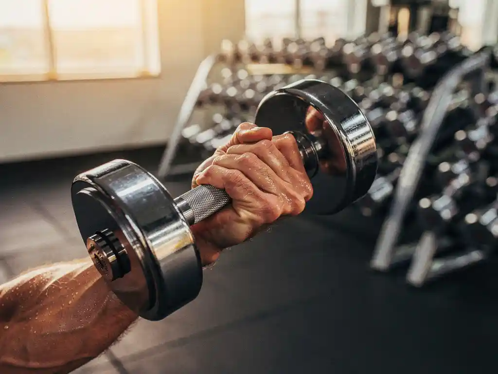 Gespierde onderarm die een zware dumbbell curl uitvoert in een moderne sportschool met gouden zijlicht.