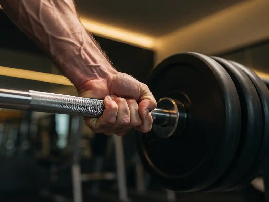 Gespierde onderarm die een stalen halter vastgrijpt tijdens een lift in moderne sportschool, pezen zichtbaar gespannen, warm gouden licht.