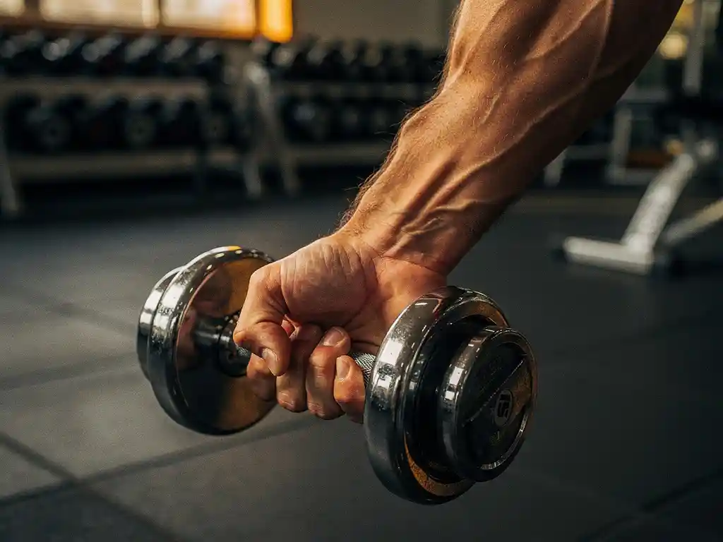 Gespierde onderarm met zichtbare aders die een zware dumbbell curlt in een moderne sportschool met zachte achtergrond.