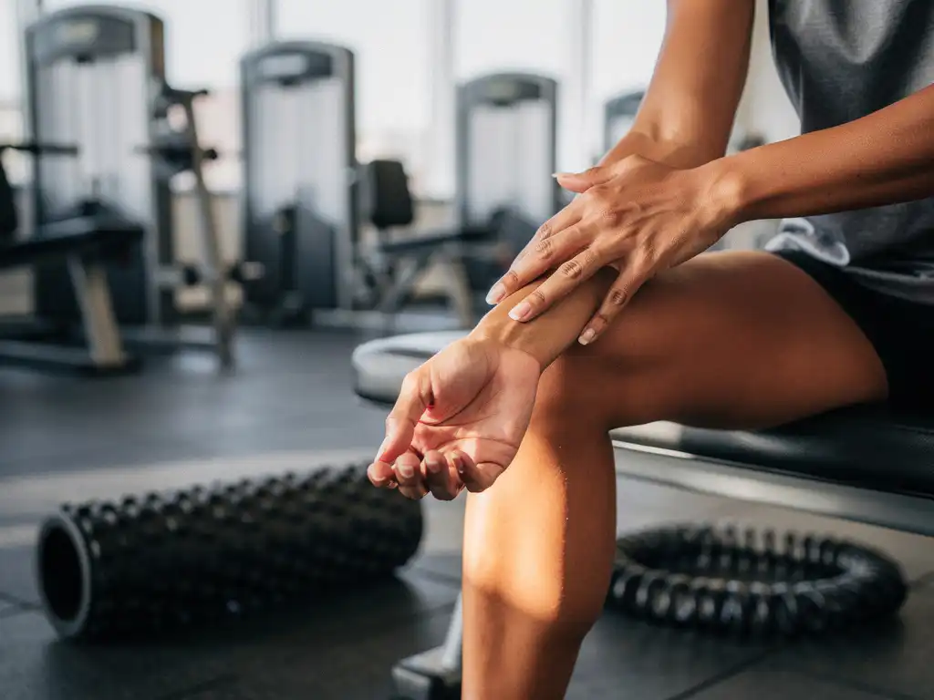 Persoon masseert pijnlijke onderarmspier op gymbank, met foam roller en weerstandsband ernaast, in moderne sportschool.