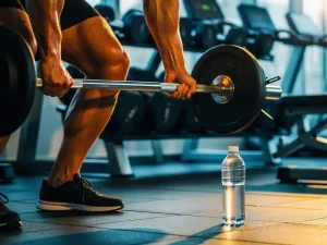 Zwetende atleet tilt een barbell op in de sportschool, met een halfvolle waterfles op de vloer op de voorgrond.
