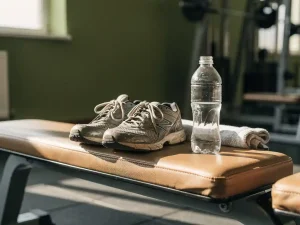 Versleten sportschoenen en halfvolle waterfles op een gymbank in zacht natuurlijk licht, met opgevouwen handdoek op de achtergrond.