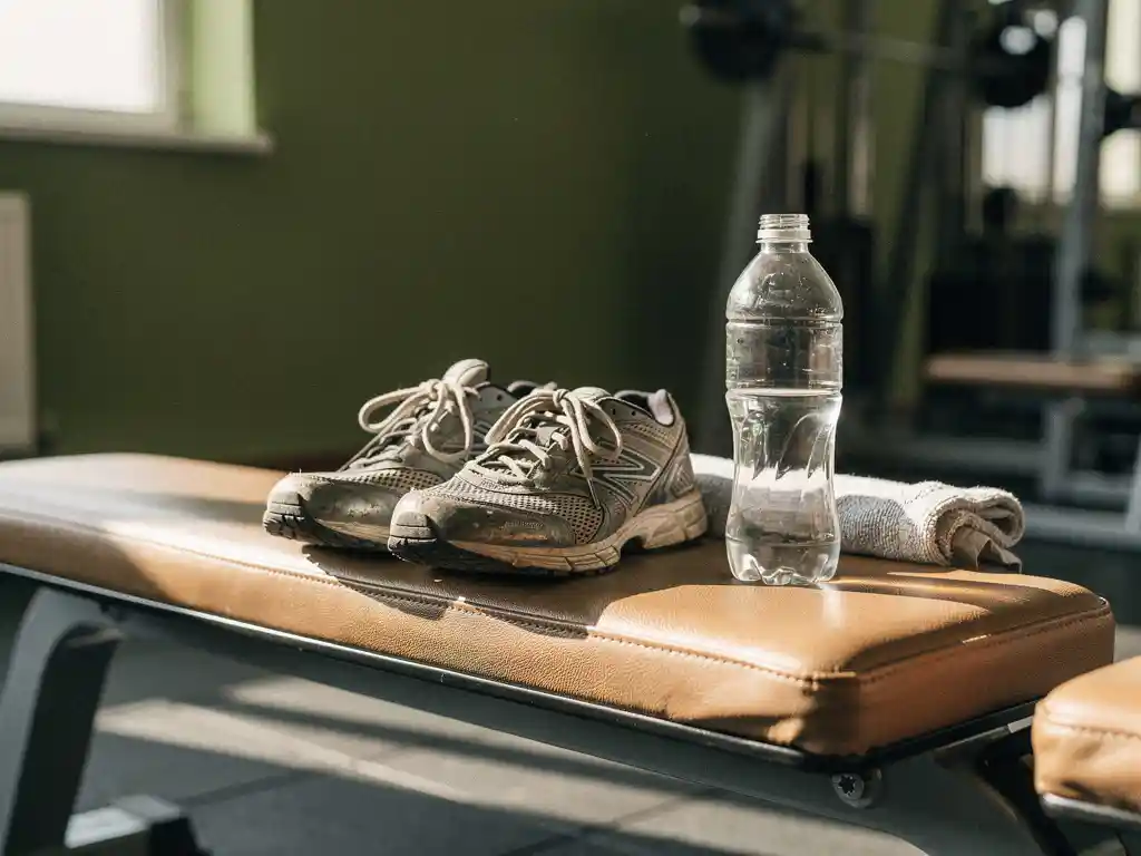 Versleten sportschoenen en halfvolle waterfles op een gymbank in zacht natuurlijk licht, met opgevouwen handdoek op de achtergrond.
