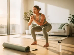 Persoon in sportkleding voert een squat uit in een lichte woonkamer, met yogamat en waterfles op houten vloer in ochtendzon.