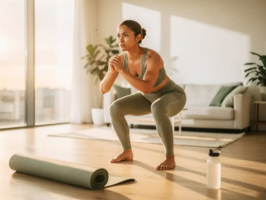 Persoon in sportkleding voert een squat uit in een lichte woonkamer, met yogamat en waterfles op houten vloer in ochtendzon.