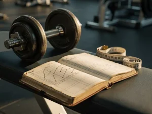 Open trainingsjournal met voortgangsschema naast ijzeren dumbbells en een meetlint op een gymbank, warm zijlicht.