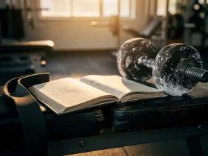 Versleten trainingsjournal met handgeschreven workoutlogs op een gymbank, naast krijt-bestoven ijzeren dumbbells en een weerstandsband in warm goudlicht.