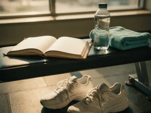 Opengeslagen trainingslogboek op een gymbank naast een waterfles en handdoek, sneakers op de vloer, zacht ochtendlicht.