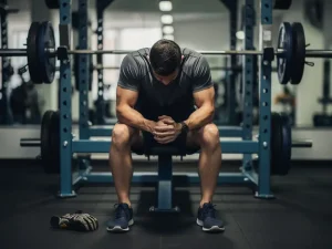 Vermoeide atleet op gymbank met gebogen hoofd en onderarmen op knieën, beladen halter op rek op achtergrond.