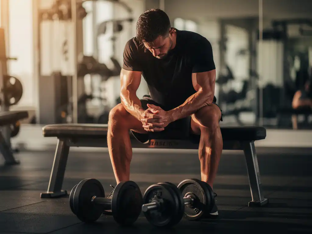 Vermoeide atleet zittend op een gymbank met gebogen hoofd en onderarmen op knieën, dumbbells op de vloer, warme amberverlichting.