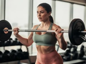 Vrouw tilt barbell in moderne sportschool, kalme uitdrukking, zacht natuurlijk licht, gewichtsschijven onscherp op achtergrond.