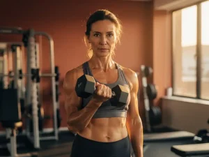 Vrouw van middelbare leeftijd traint met dumbbell in moderne sportschool, warm natuurlijk licht, krachtige gefocuste uitdrukking.