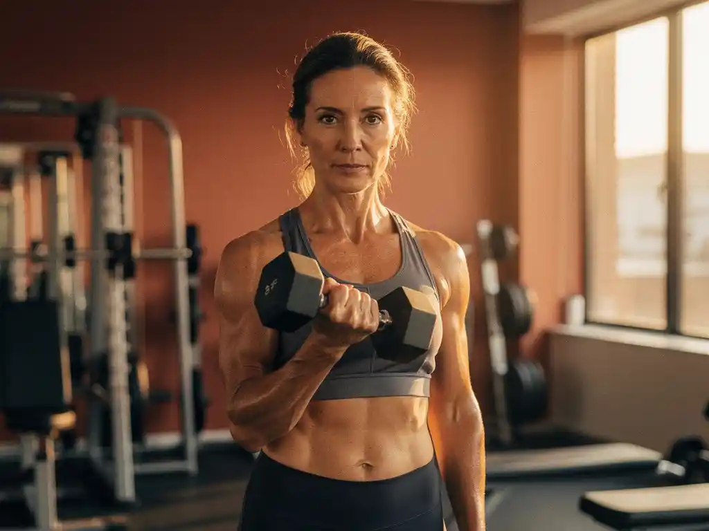Vrouw van middelbare leeftijd traint met dumbbell in moderne sportschool, warm natuurlijk licht, krachtige gefocuste uitdrukking.