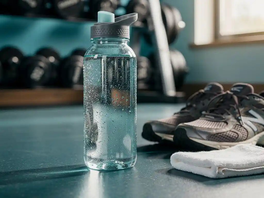 Condenserende waterfles op een gymvloer naast sportschoenen en een witte handdoek, met een gewichtenrek op de achtergrond.