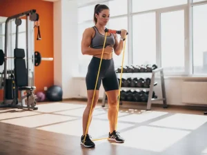 Atleet voert bicep curl uit met oranje weerstandsband, verankerd onder de voet, in moderne gym met houten vloer en natuurlijk daglicht.