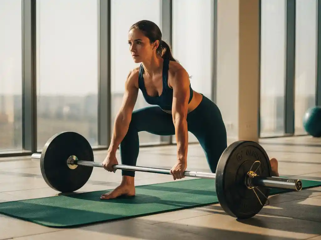 Atleet in warrior yogapose naast een barbell op een groene mat in een moderne fitnessruimte met natuurlijk licht.