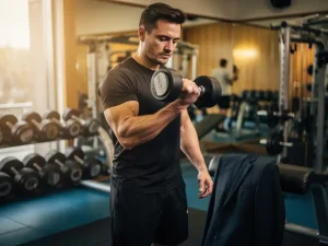 Zakenman in sportkleding die een dumbbell curl uitvoert in moderne sportschool, colbert over gewichtsbank gedrapeerd.